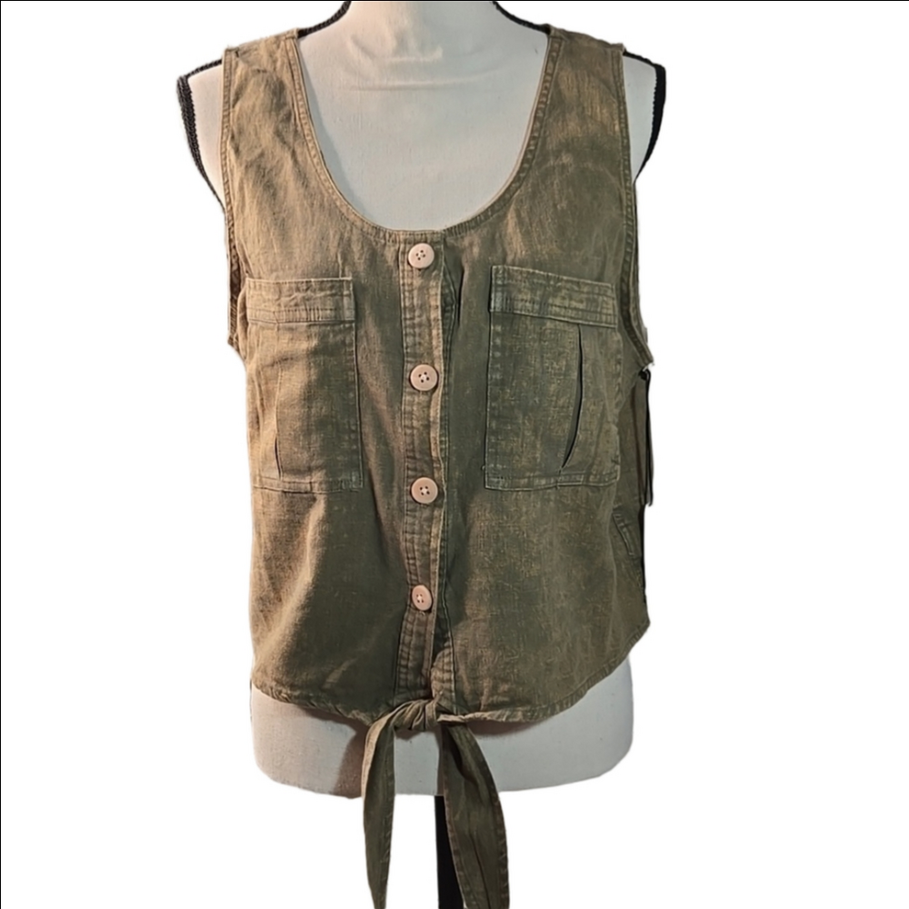 NWT Vanilla Star Vest Top Olive/ Army Green Linen Distressed Pockets Front Tie